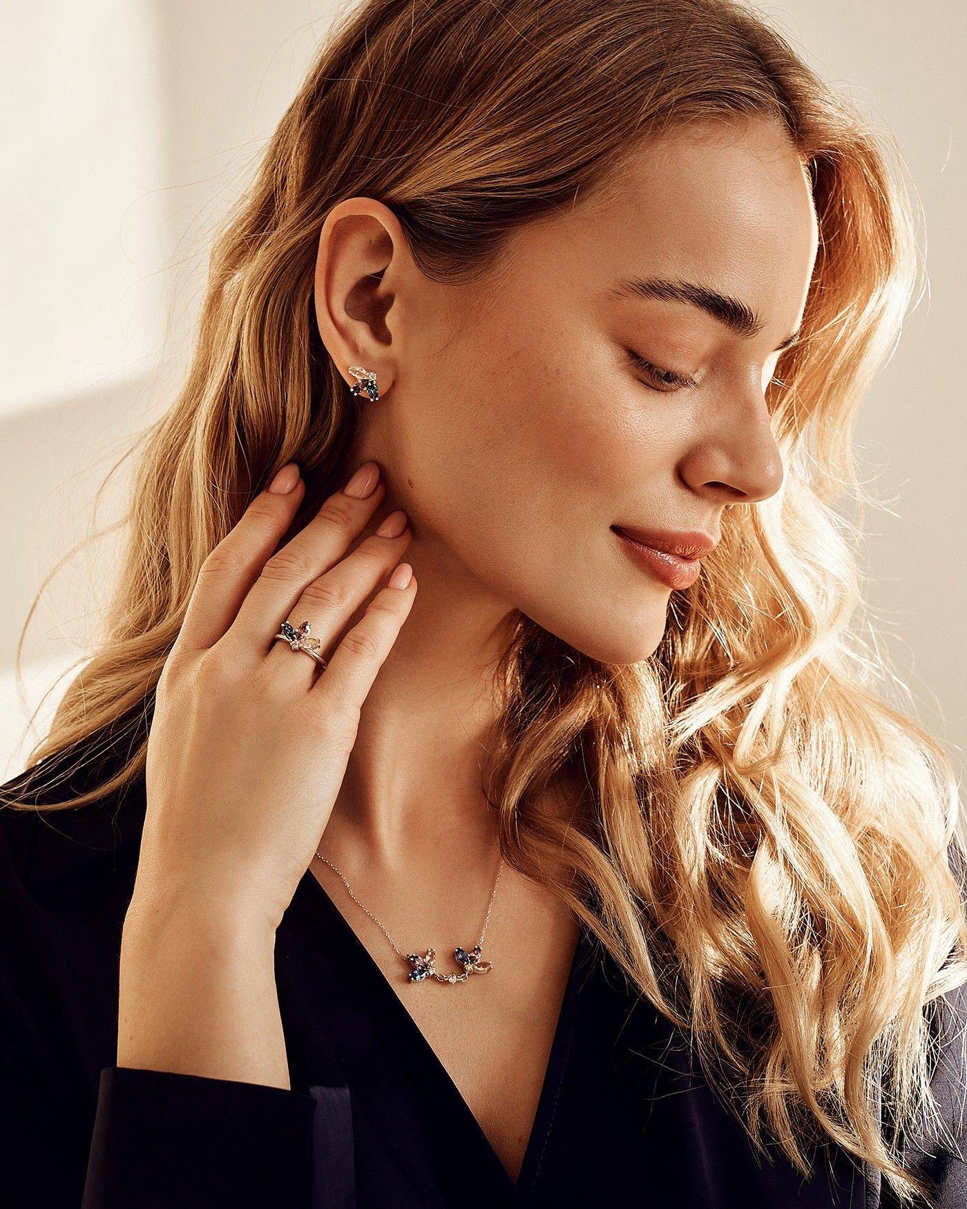 Kolczyki Kwiat Fiore z rodolitem i szafirem  - 4